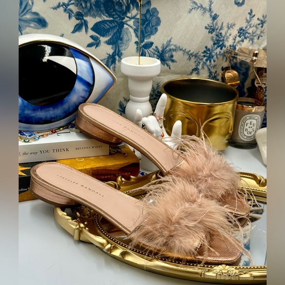 🆕 LOEFFLER RANDALL 🧿 NWOB Lilly Crinkle Metallic Slide Sandal With Feather Pom - Picture 14 of 16